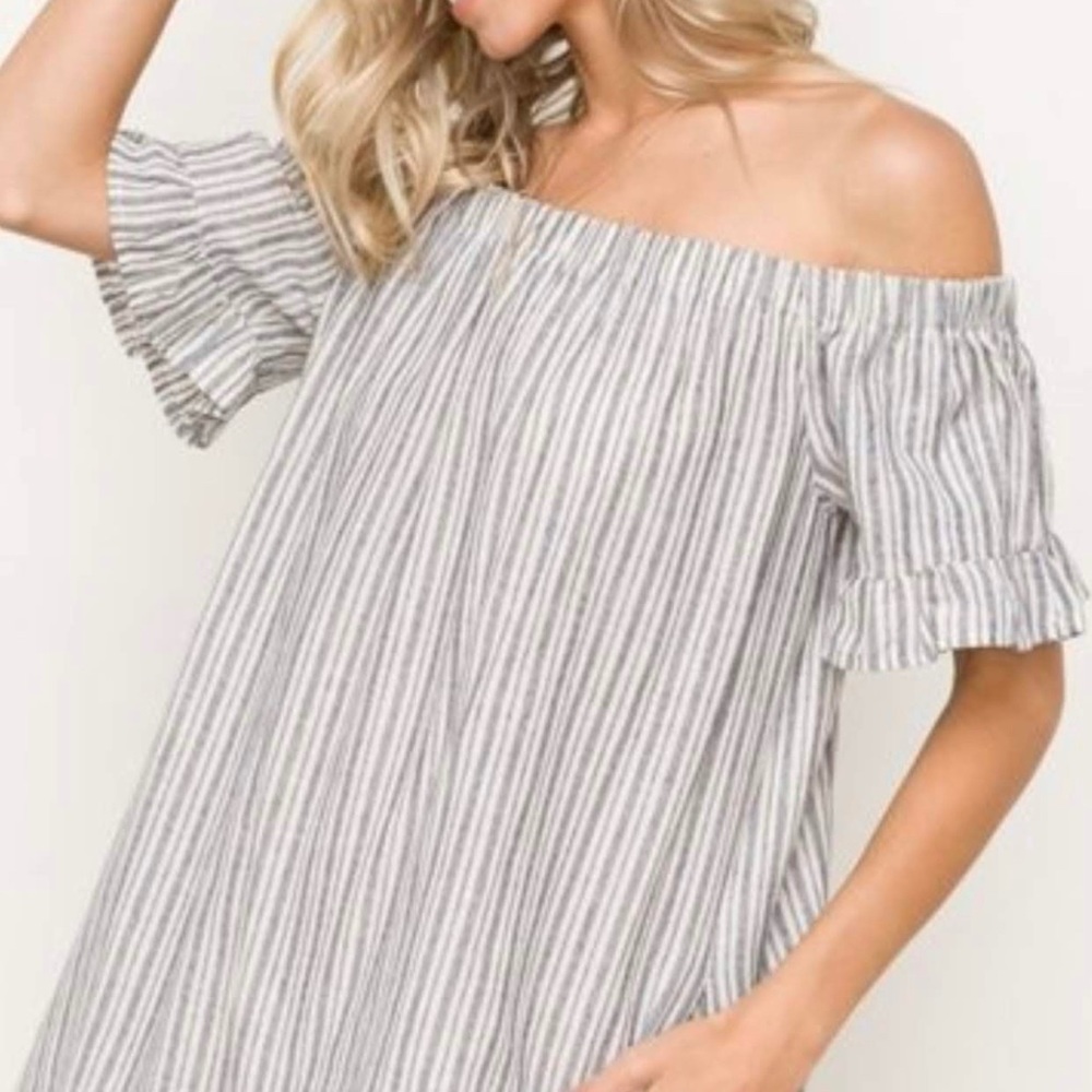 Off the shoulder blue linen striped dress
